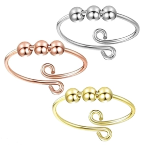 Three-piece anti-anxiety 925 sterling silver spinning bead rings in gold, rose gold and silver