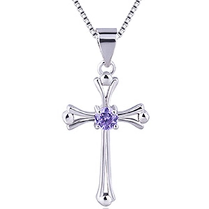 Close-up of 925 sterling silver cross pendant with a central round purple gemstone