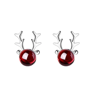 Sterling silver reindeer stud earrings with vibrant red gemstone for Christmas style