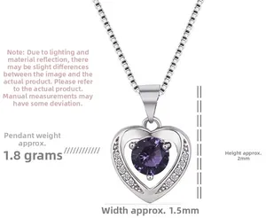 Pendentif cœur en argent S925 avec pierre violette et diamants blancs de 1,8 g