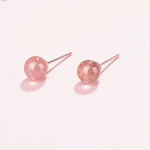 Boucles d'oreilles puces en argent S925 avec perles de quartz fraise rose naturel