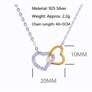 S925 sterling silver interlocking heart necklace with gold finish and zircon stones