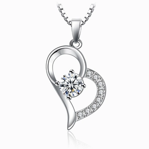S925 sterling silver heart necklace with large round zircon and box chain on white background