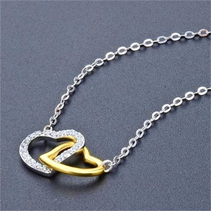 925 Sterling Silver Double Heart Pendant Necklace For Women Two Tone Gold Silver Inlaid Rhinestone Clavicle Chain Jewelry