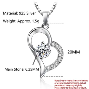 Elegant 925 sterling silver heart necklace with sparkling zircon stone and box chain