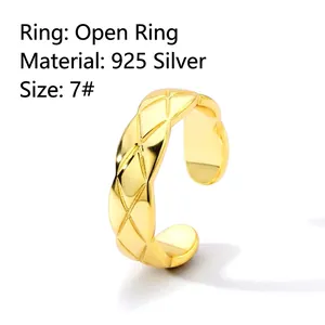 925 sterling silver adjustable open ring with quilted geometric pattern in gold finish