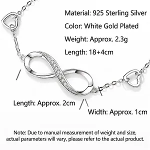925 sterling silver infinity heart bracelet with cubic zirconia on white background