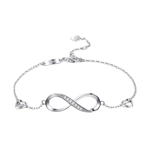 925 sterling silver infinity bracelet with heart charms and cubic zirconia stones