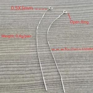 S925 sterling silver box chain earrings with 0.5x3mm open rings and jewelry needles