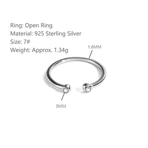 Bague ouverte minimaliste en argent 925 avec zircons cubiques ronds de 3mm