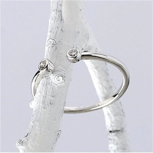 Bague ouverte minimaliste en argent S925 avec deux zircons posée sur une branche artistique