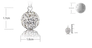 Size chart showing S925 silver crystal ball pendant measures 1.7cm high and 1.0cm wide