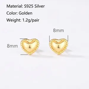 Boucles d'oreilles cœur en argent S925 plaqué or avec bordure perlée de 8 mm