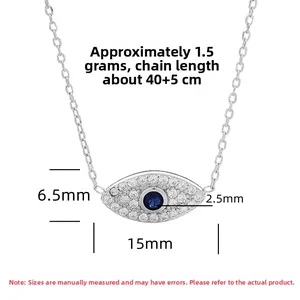 Detail of S925 sterling silver evil eye necklace with blue stone and measurements