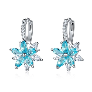 925 Sterling Silver Blue Snowflake Hoop Earrings Sparkly Rhinestone Flower Ear Jewelry For Women Christmas Party Gift