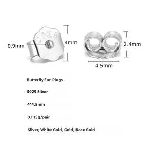 Macro detail of S925 sterling silver butterfly earring backs with size specifications