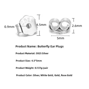 Detailed specs of S925 sterling silver butterfly earring backs with 4.5x5mm dimensions