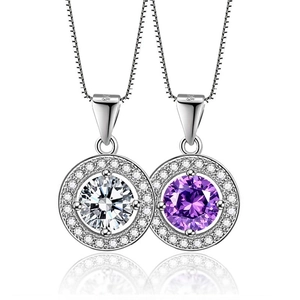 S925 sterling silver halo necklace with clear and purple round cut sparkling zircons