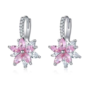Detail of S925 silver flower earrings with pink and white marquise cut crystals