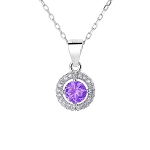 Elegant S925 sterling silver necklace with a round purple zircon and halo diamond pendant