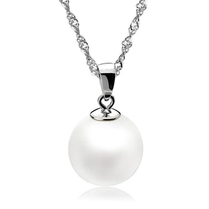 Macro detail of high-luster white round pearl pendant on 925 sterling silver rope chain