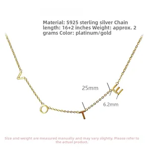 Macro detail of gold S925 sterling silver VOTE necklace with dimensions and chain length