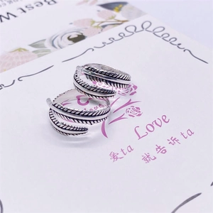 Vintage S925 sterling silver feather rings with adjustable open band for men and women
