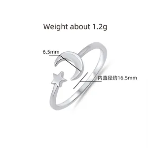 Minimalist S925 sterling silver open ring featuring star and moon charms with 16.5mm diameter