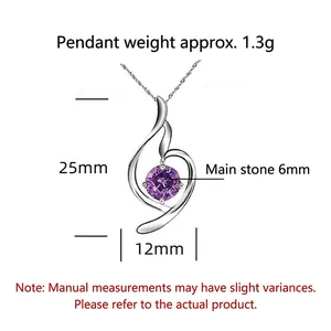 S925 sterling silver necklace with purple gemstone pendant and size dimensions