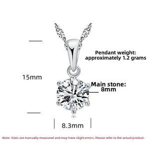 Macro detail of S925 silver necklace pendant with 8mm round cut white gemstone and dimensions