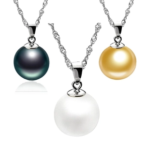 925 silver necklaces with round shell pearls in black, white, and champagne gold colors