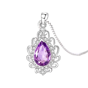 S925 sterling silver necklace with pear-cut purple amethyst pendant and filigree detailing