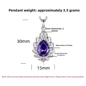 Macro shot of S925 sterling silver pear-cut amethyst pendant with dimension and weight details