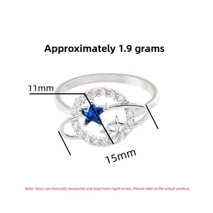 Detailed view of S925 sterling silver planet ring with blue star stone and weight data