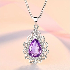 925 Sterling Silver Purple Water Drop Pendant Necklace For Women Vintage Filigree Rhinestone Inlaid Clavicle Chain Jewelry Gift