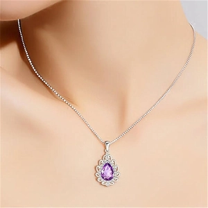 Elegant S925 sterling silver necklace with teardrop purple amethyst pendant for women