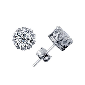 925 Sterling Silver Crown Stud Earrings For Women Men Retro Rhinestone Inlaid White Gold Plated Fashion Jewelry Piercing Gift