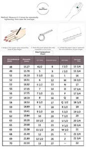 Size chart for S925 silver rings with measurement steps and international size standards