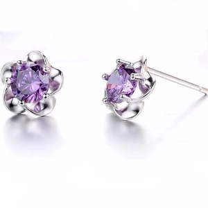 Orecchini a Bottone in Argento Sterling 925 a Forma di Fiore di Prugno Con Zirconia Intarsiata Placcati in Oro Bianco Gioielli da Donna