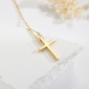 Polished gold S925 sterling silver cross pendant necklace with a fine O-chain link