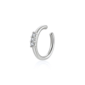Minimalist S925 sterling silver ear cuff with three sparkling zircon stones on white background