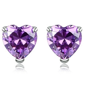 Orecchini a lobo a cuore in argento S925 con zircone viola e incastonatura a 3 griffe