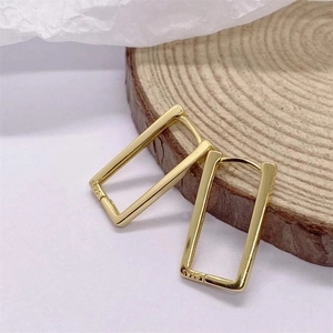 Minimalist S925 sterling silver rectangular hoop earrings with a shiny gold finish