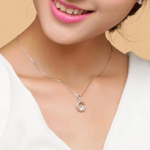Classic wave round S925 sterling silver pendant necklace with cubic zirconia on model