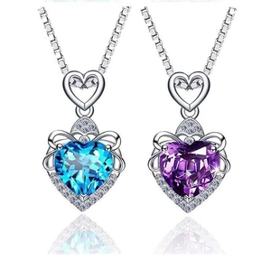 Collier Pendentif Cœur Couronne en Argent Sterling 925 Élégant Bijoux Pierre Précieuse Bleu Rose Violet Cadeau pour Femme
