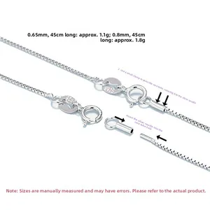 Détail de la chaîne en argent S925 avec diamètres de tube de 0,65 mm et 0,8 mm spécifiés