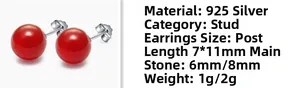 Detail view of 925 sterling silver red agate stud earrings in 6mm and 8mm sizes