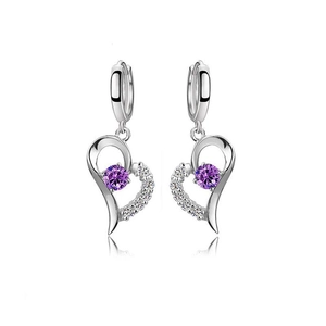 Close-up of S925 sterling silver heart earrings with purple gemstone and white zircons