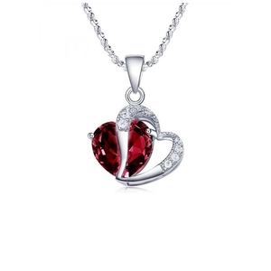 S925 sterling silver heart necklace with large red gemstone and sparkling accents