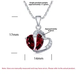 Detail view of S925 sterling silver heart pendant with red zircon showing 17mm size